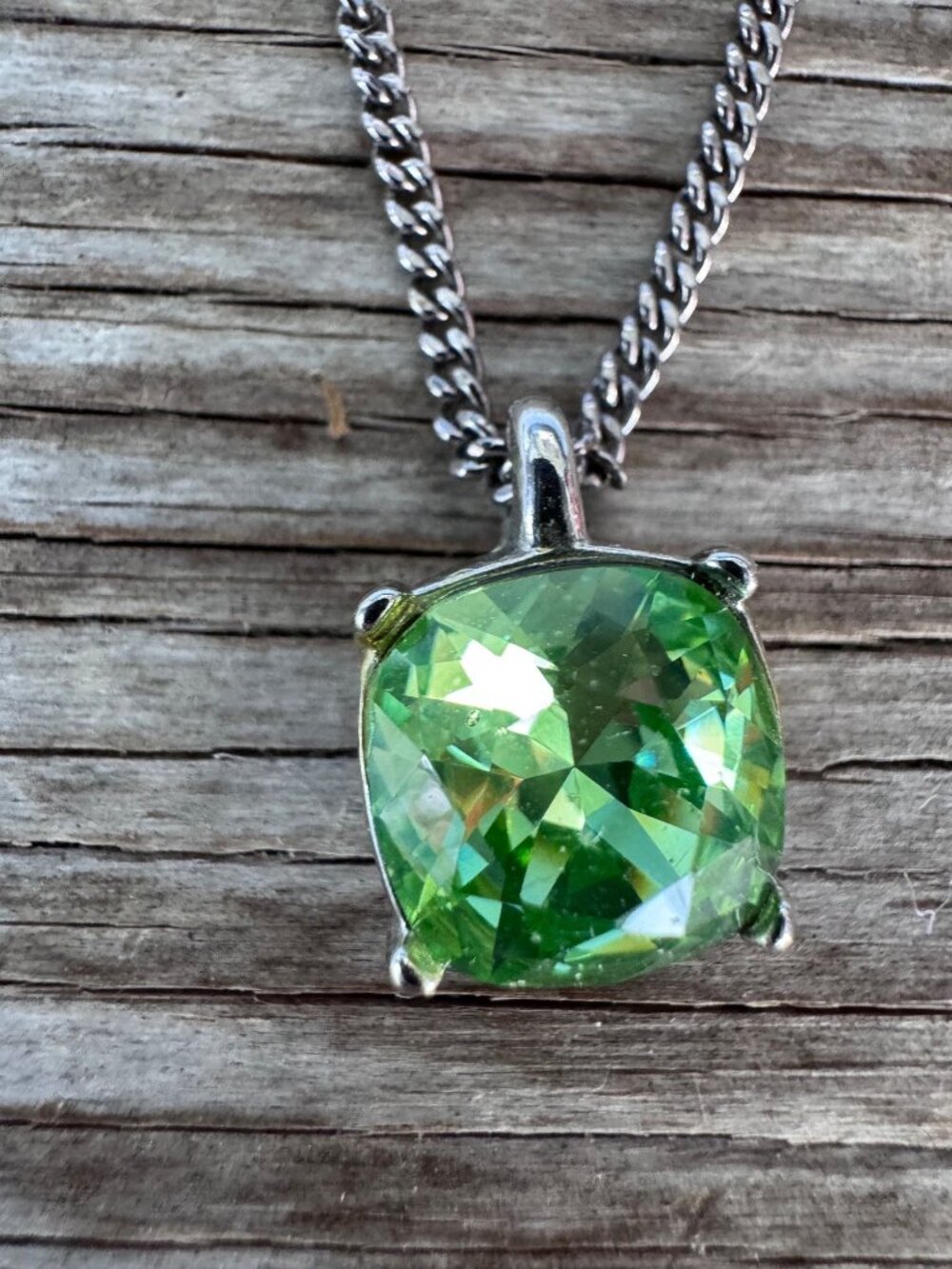 Kenneth Jay Lane KJL Green Crystal Pendant Necklace Cushion Cut Silver Tone